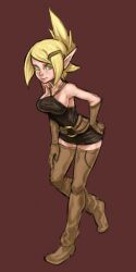  bad_source blonde_hair boots commentary_request cra_(wakfu) evangelyne_(wakfu) female green_eyes highres pointy_ears rich_s simple_background solo thigh_boots thighhighs wakfu zettai_ryouiki 