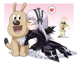  animal anpanman canine cheese_(anpanman) commentary_request crossover dress drooling female gothic_lolita grey_hair hairband heart ichikawa_masahiro kissing kissing_animal kunkun lolita_fashion long_hair rozen_maiden spoken_heart suigintou tears wings 