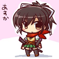  asuka_(senran_kagura) black_thighhighs blush_stickers brown_eyes brown_hair character_name chibi commentary_request female ikkyuu plaid plaid_skirt ponytail school_uniform senran_kagura senran_kagura_shoujo-tachi_no_shin&#039;ei sheath sheathed skirt smile solo standing sword thighhighs translated weapon 