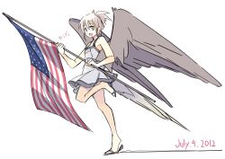  american_flag bird_tail bird_wings blonde_hair brown_eyes cindy_o&#039;brien commentary_request dated female flag fourth_of_july full_body holding leg_up open_mouth original sandals seo_tatsuya short_hair simple_background skirt smile solo standing standing_on_one_leg tail white_background white_skirt wings 