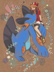  ajisaien3260 bandana brown_background brown_hair closed_eyes female flower gloves hat may_(pokemon) pokemon pokemon_(creature) pokemon_rse smile swampert tegaki 