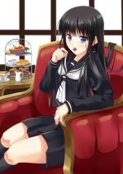  black_hair black_socks blue_eyes blush chair cherry commentary_request cupcake easy_chair eating female food fruit grapes indoors long_hair long_sleeves namakemono_(u446644k) original pineapple school_uniform serafuku sitting snack socks solo tea 