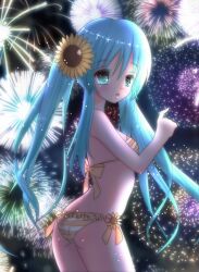  aerial_fireworks aqua_eyes aqua_hair bikini commentary_request female fireworks flower gurameru hair_flower hair_ornament hatsune_miku image_sample long_hair nicoseiga_sample solo striped_bikini striped_clothes sunflower swimsuit twintails very_long_hair vocaloid 