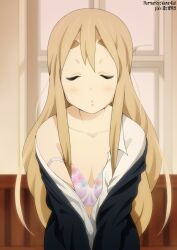  artist_name blonde_hair bra breasts closed_eyes collarbone commentary_request dress_shirt female incoming_kiss k-on! kotobuki_tsumugi long_hair off_shoulder open_clothes open_shirt photoshop_(medium) pink_bra sakuragaoka_high_school_uniform school_uniform shirt small_breasts solo strap_slip underwear upper_body yamasaki_wataru 