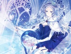  bad_id bad_pixiv_id blue_eyes blue_hair crown detached_sleeves dress female hairband highres holding light_smile long_hair nozomi_fuuten original smile snow_globe snowflakes solo staff thighhighs wavy_hair white_thighhighs 