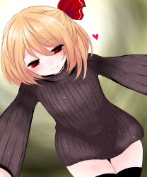  black_thighhighs blonde_hair bottomless commentary_request female hair_ribbon han_(jackpot) heart highres leaning_forward looking_at_viewer naked_sweater no_pants pov red_eyes ribbed_sweater ribbon rumia short_hair smile solo sweater thighhighs touhou zettai_ryouiki 