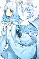  blue_hair blush commentary_request copyright_name female hair_scarf hand_on_own_chest intelli_village_no_zashiki-warashi japanese_clothes kimono long_hair looking_at_viewer nanao_(mahaya) official_art snowflake_print solo translated very_long_hair yellow_eyes yuki_onna yuki_onna_(intelli_village) 