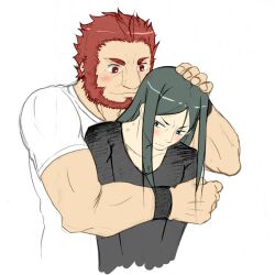  2boys 33paradox aged_up bad_id bad_pixiv_id beard black_hair blush facial_hair fate/zero fate_(series) iskandar_(fate) long_hair lord_el-melloi_ii male_focus multiple_boys photoshop_(medium) red_eyes red_hair ruffling_hair sidelocks waver_velvet 