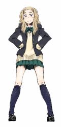  bow brown_eyes brown_hair chibikko_(morihito) commentary_request female hands_on_own_hips kneehighs loafers long_hair morihito original pleated_skirt school_uniform shoes skirt sleeves_past_wrists socks solo sweater thick_eyebrows 