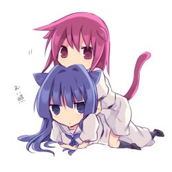  2girls amazuki_jou animal_ears blue_eyes blue_hair cat_ears cat_tail chibi commentary_request hirose_sumire kemonomimi_mode long_hair miyanaga_teru multiple_girls red_eyes red_hair saki_(manga) school_uniform shiraitodai_school_uniform short_hair tail 