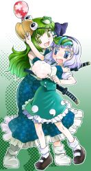  2girls blue_eyes blush commentary_request cotton_candy detached_sleeves frog_hair_ornament green_eyes green_hair grey_hair hair_ornament hairband highres hug katana kochiya_sanae konpaku_youmu long_hair long_skirt mizuki_hitoshi multiple_girls open_mouth photoshop_(medium) sheath sheathed short_hair skirt smile snake sword touhou water_yoyo weapon 