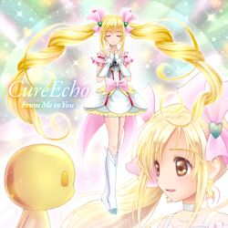  bike_shorts bike_shorts_under_skirt blonde_hair boots bow brown_eyes character_name choker closed_eyes commentary_request cure_echo female full_body fuu-chan_(precure) hair_ornament hair_ribbon hairpin long_hair magical_girl own_hands_clasped own_hands_together pink_bow precure precure_all_stars_new_stage:_mirai_no_tomodachi rainbow_text ribbon sakagami_ayumi sekken_kasu_barrier skirt smile solo twintails waist_bow white_choker 