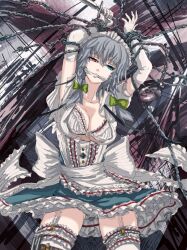  arms_up blue_eyes bow bra braid commentary_request dress female frilled_thighhighs frills gagged garter_straps grey_hair hairbow heterochromia izayoi_sakuya knife maid maid_headdress open_clothes open_shirt panzer_(p.z) red_eyes shirt short_hair solo thighhighs touhou twin_braids underwear 