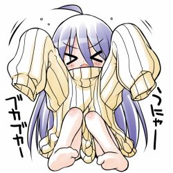  &gt;_&lt; ahoge akou_roushi bare_legs blue_hair blush closed_eyes commentary_request female long_hair open_mouth oversized_clothes ribbed_sweater sleeves_past_fingers sleeves_past_wrists solo sweater the_ring very_long_hair yamamura_sadako 