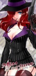  blue_eyes breasts character_name cleavage commentary_request crime_city_miss_fortune female formal gun hat jacket joypyonn large_breasts league_of_legends long_hair miss_fortune_(league_of_legends) mouth_hold pencil_skirt photoshop_(medium) pinstripe_pattern pinstripe_suit red_hair skirt skirt_suit solo striped suit thighhighs weapon 