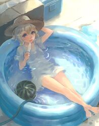  :p barefoot blonde_hair blue_eyes female food hat lowres original popsicle solo tongue tongue_out wading_pool weno weno&#039;s_blonde_original_character 