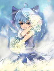  adapted_costume ahoge blue_bow blue_eyes blue_hair blue_skirt blue_vest bow bowtie cirno closed_mouth commentary_request female hair_between_eyes hairbow ice looking_at_viewer mitsuki_yuuya puffy_short_sleeves puffy_sleeves red_bow red_bowtie short_sleeves skirt skirt_set solo touhou vest wings 