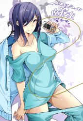  blue_hair breasts cable cellphone clothes_hanger collarbone commentary_request copyright_name downscaled female highres holding intelli_village_no_zashiki-warashi kotemitsu_madoka large_breasts md5_mismatch nanao_(mahaya) no_panties official_art phone purple_eyes resized resolution_mismatch smile solo source_larger translated undressing 