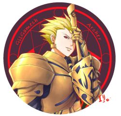  1boy armor blonde_hair character_name commentary_request dewitri ea_(fate/stay_night) earrings fate/stay_night fate_(series) gilgamesh_(fate) jewelry magic_circle male_focus red_eyes short_hair solo weapon 