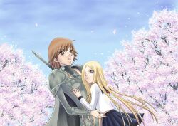  2girls armor blonde_hair blue_eyes blue_sky brown_eyes brown_hair clarisse_(claymore) claymore_(series) commentary_request day dutch_angle full_armor hair_over_one_eye height_difference hug ichigowish long_hair miata_(claymore) multiple_girls pauldrons petals red_hair school_uniform serafuku shoulder_armor sky sword very_long_hair weapon 