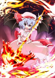  bad_id bat_wings blue_hair danmaku dress female hat massala oerba_yun_fang open_mouth polearm remilia_scarlet short_hair smile solo spear spear_the_gungnir touhou weapon wings 