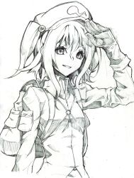  backpack bad_id bad_pixiv_id bag female gloves hair_bobbles hair_ornament hat kawashiro_nitori key monochrome photoshop_(medium) salute scottie_(phantom2) short_hair smile solo touhou two_side_up 