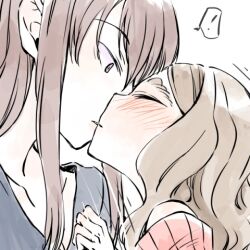  ! 2girls blush brown_hair chibikko_(morihito) closed_eyes commentary_request kissing long_hair lowres morihito multiple_girls original thick_eyebrows yuri 