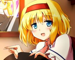  alice_margatroid blonde_hair blue_eyes capelet commentary_request female grin hairband hat holding holding_needle kamelie kirisame_marisa long_hair needle open_mouth photo_(object) ribbon sewing_needle short_hair smile solo touhou upper_body yellow_eyes 