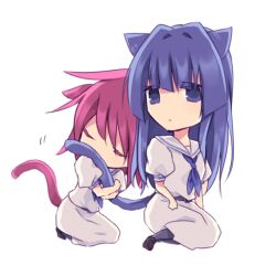  2girls amazuki_jou animal_ears blue_eyes blue_hair cat_ears cat_tail chibi commentary_request hirose_sumire kemonomimi_mode long_hair miyanaga_teru multiple_girls red_eyes red_hair saki_(manga) school_uniform shiraitodai_school_uniform short_hair tail 