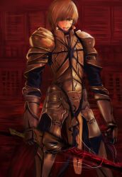  1boy absurdres armor bad_id bad_pixiv_id blonde_hair ea_(fate/stay_night) earrings fate/zero fate_(series) faulds gauntlets gilgamesh_(fate) highres injury jewelry kisshots male_focus pauldrons red_eyes short_hair shoulder_armor solo sword weapon 