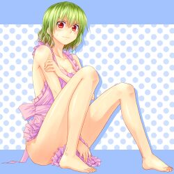  apron blush breasts cleavage commentary_request female green_hair highres kazami_yuuka medium_breasts naked_apron polka_dot polka_dot_background red_eyes shimada_(simada_bu) short_hair solo sweatdrop touhou 