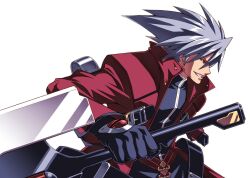  1boy blazblue commentary_request gloves grey_hair grin long_hair male_focus ragna_the_bloodedge red_eyes smile solo spiked_hair sword tasaka_shinnosuke weapon 