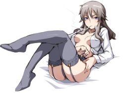  blue_eyes breasts cigarette commentary_request elizabeth_f._beurling female garter_belt grey_hair grey_thighhighs long_hair looking_at_viewer lying medium_breasts no_bra on_back open_clothes open_shirt shirt smoking solo strike_witches:_suomus_misfits_squadron tabigarasu thighhighs white_background white_shirt world_witches_series 