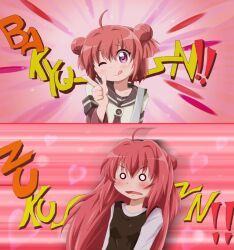  2girls ;q akaza_akane akaza_akari bakyu-n!! commentary_request double_bun hair_bun long_hair multiple_girls o_o one_eye_closed red_hair shishinon short_hair siblings sisters tongue tongue_out yuru_yuri 