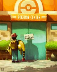  1boy ampharos backpack bag bush carrying commentary english_commentary english_text failure md5_mismatch outdoors poke_ball_print pokemon pokemon_(creature) pokemon_center pokemon_frlg reading red_(pokemon) reflection resolution_mismatch ry-spirit shadow source_larger vase 