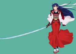  armor blue_hair brown_eyes commentary_request female greaves headband idolmaster idolmaster_(classic) japanese_clothes kimono kisaragi_chihaya long_hair ootachi sandals simple_background solo sword tabi vambraces wata_do_chinkuru weapon wrist_guards 