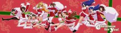  6+girls akizuki_ritsuko amami_haruka antenna_hair arms_up bell black_hair blue_hair blush boots braid brown_eyes brown_hair christmas commentary_request dress everyone futami_ami futami_mami glasses green_eyes grey_eyes hagiwara_yukiho hair_ribbon hand_puppet highres hoshii_miki idolmaster idolmaster_(classic) kikuchi_makoto kisaragi_chihaya long_hair minase_iori miura_azusa multiple_girls pantyhose photoshop_(medium) puppet ribbon santa_costume scarf short_hair skirt takatsuki_yayoi text_focus thighhighs very_long_hair wata_do_chinkuru 