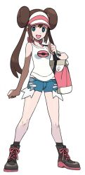  bag blue_eyes bra_strap brown_hair cosplay cutoffs denim denim_shorts double_bun female mei_(pokemon) photoshop pokemon solo tank_top touko_(pokemon) transparent_background twintails visor_cap 