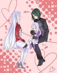  3girls bad_id bad_pixiv_id boots character_doll emiya_kiritsugu fate/zero fate_(series) father_and_daughter green_eyes green_hair hisau_maiya illyasviel_von_einzbern irisviel_von_einzbern long_hair mother_and_daughter multiple_girls pantyhose purple_footwear ran_(ran_0605) short_hair thigh_boots thighhighs white_hair 