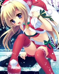  :d bag bell blonde_hair blue_eyes blush boots bow breasts capelet chimney christmas cleavage commentary_request female hair_ornament hairclip hairpin hat highres long_hair looking_at_viewer medium_breasts midriff navel open_mouth original photoshop_(medium) red_thighhighs ribbon rooftop sack santa_costume santa_hat shiramori_yuse skirt smile snow snowflakes snowing solo star_(symbol) star_hair_ornament thigh_boots thighhighs wrist_ribbon 