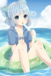  bikini blue_bikini blue_eyes blue_hair bow cirno commentary_request day female food hairbow highres innertube nemuta_muu open_clothes open_mouth open_shirt popsicle shirt short_hair solo striped_bikini striped_clothes swim_ring swimsuit touhou 