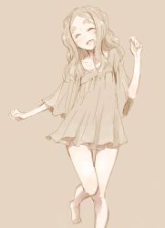  bare_legs barefoot blush brown_hair chibikko_(morihito) closed_eyes commentary_request dress female long_hair morihito original smile solo thick_eyebrows 