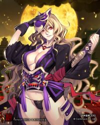  blonde_hair breasts bushin_renkei_zero castle cleavage commentary_request female fox_mask full_moon gloves japanese_clothes jewelry large_breasts long_hair magatama mask moon panties pendant petals photoshop_(medium) red_eyes sayo_tanku sheath smoke solo sword thong underwear weapon 