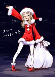  blue_eyes blush brown_hair chibikko_(morihito) christmas commentary_request female hat long_hair merry_christmas morihito one_eye_closed original pantyhose sack santa_costume santa_hat solo thick_eyebrows waving 