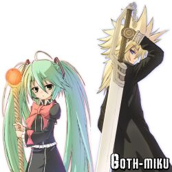  1boy blonde_hair blue_eyes commentary_request female green_eyes green_hair hatsune_miku kagamine_len long_hair looking_at_viewer mitsuki_yuuya simple_background smile staff sword twintails very_long_hair vocaloid weapon white_background 