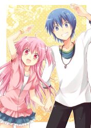  1boy :d ahoge angel_beats! blue_eyes blue_hair bracelet casual commentary_request couple female grin hinata_hideki holding_hands jewelry kousetsu long_hair oerba_yun_fang open_mouth pink_hair red_eyes skirt smile straight two_side_up yui_(angel_beats!) 