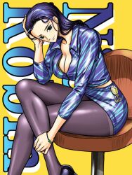  black_hair blue_eyes bracelet breasts chair character_name cleavage female female hand_rest high_heels jewelry kodamashi large_breasts legs legs_crossed long_legs miniskirt nico_robin one_piece pantyhose sitting skirt solo thighs yellow_background 