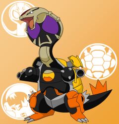  arbok blastoise burakawani_(ooo_combo) cannon commentary_request fangs feraligatr fusion kamen_rider kamen_rider_ooo_(series) no_humans pokemon pokemon_(creature) redol shell tail 