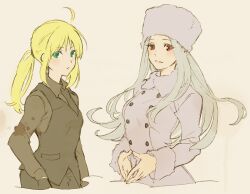  2girls ahoge artoria_pendragon_(fate) bad_id bad_pixiv_id black_gloves blonde_hair coat fate/zero fate_(series) formal fur_hat gloves green_eyes hat irisviel_von_einzbern isshoku_(shiki) long_hair multiple_girls pant_suit pants ponytail red_eyes saber_(fate) suit vest waistcoat white_hair 