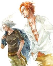  2boys ben_beckman black_shirt cigarette grey_hair male male_focus multiple_boys muscle one_armed one_piece open_collar red_hair sash scar shanks shirt smoking white_background white_shirt 